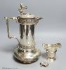 A Victorian Elkington & Co silver plated hot water jug, 27.7cm, an Edwardian silver cream jug and similar silver vesta case.                                                                                                