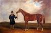 Mid 19th century School Racehorse and groom in a landscape 19.25 x 29.5in.                                                             