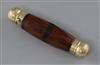 A Victorian engraved gold mounted double ended facet cut ruby glass scent bottle, 12cm.                                                