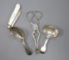 A pair of 18th century silver sugar nips, two later silver caddy spoons and a mother of pearl and silver fruit knife.                                                                                                       