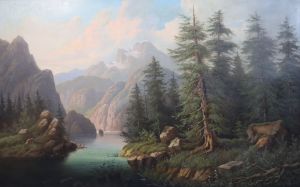 Edouard Boehm (1830-1896) Boatman in an alpine river landscape 26 x 41in.                                                              