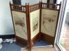 A late Victorian walnut three fold dressing screen with painted canvas panels, each panel width 50cm, height 138cm                                                                                                          