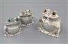 A pair of modern novelty silver naturalistic frog condiments, Whitehill Silver & Plate Co, largest 52mm.                               