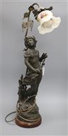 A late 19th century French bronzed spelter figural table lamp, after Auguste Moreau height 66cm                                        