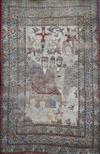 A 19th century Persian ivory ground pictorial rug, depicting a Shah, 6ft 9in by 4ft 7in.                                               