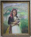 Greek School, oil on board, portrait of a girl in an orchard, indistinctly signed and dated 1937 88 x 71cm                             