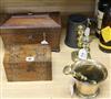 An 18th century bell metal pestle and mortar, a pair of brass candlesticks, two tea caddies and a pewter quart mug                     