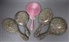 Five assorted silver mounted hand mirrors including pink guilloche enamel and Reynold's Angels.                                        