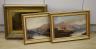 19th century English School, oil on canvas, Children playing on a five bar gate, indistinctly signed and a pair of oils on board, Highland lake landscapes with cattle and sheep grazing                                    