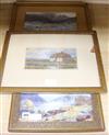 P.J. Bruman, watercolour, Cottage in a landscape, signed, 13 x 24cm, and two colour prints                                             