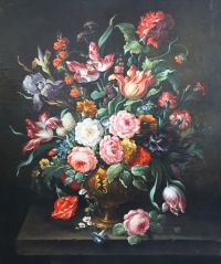 17th century Dutch style Still life of flowers in an urn upon a ledge 35 x 29in.                                                       