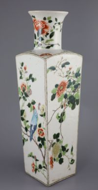 A large Chinese famille verte square tapered vase, 19th century, 49cm high                                                             