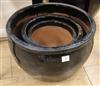 Three black glazed garden pots largest W.52cm                                                                                          