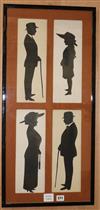 A set of four Edwardian cut paper silhouettes of figures, framed as one, 77 x 34.5cm                                                   