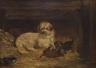 After Armfield, oil on wooden panel, Bitch and puppies in a stable, 17 x 23cm                                                                                                                                               