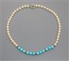 A modern cultured pearl and turquoise bead necklace, with 9ct gold clasp and yellow metal spacers, 44cm.                               