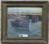 Eric Wale (South African, late 20th century), pastels on paper, Harbour with figure, boats at anchor, signed, 29 x 34cm                