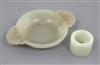 A Chinese pale celadon jade small brush washer and an archer's ring, 2.7cm and 10.2cm                                                  