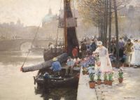 § Hans Hermann (1858-1942) 'Flower Market in Amsterdam' 16 x 22.25in.                                                                  