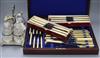 A part canteen of bone handled knives, two sets of cased table knives, a cruet and sundry plated wares                                 