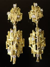 A pair of early 1970's 18ct gold and seven stone diamond set modernist rustic drop ear clips, by Alan Martin Gard,                     