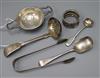 A Victorian silver fiddle pattern sifter spoon and five other items of small silver.                                                   