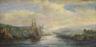 Late 19th century English School, oil on canvas, Estuary scene with ship and castles, 18 x 34cm                                                                                                                             
