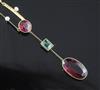 An Edwardian 15ct gold, deep pink tourmaline, emerald and seed pearl drop pendant necklace, drop overall 62mm.                         