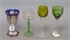 A 19th century Bohemian blue and gilt-decorated glass goblet on knopped stem and hexagonal foot and three hock glasses                 