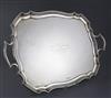 A George V silver two handle shaped rectangular tray, by Alexander Clark & Co. Ltd, 86 oz.                                             