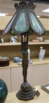 A pair of figural lamps with stained glass shades overall height 96cm                                                                  