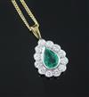 An 18ct white and yellow gold, emerald and diamond tear drop pendant, claw and millegrain-set, on 18ct yellow gold fine-link chain,    