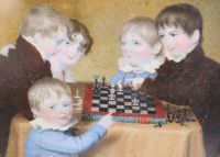 Early 19th century English School Miniature family portrait of the children of the Watts family playing chess 4 x 5.25in.              