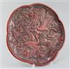 A Chinese red lacquer pentafoil shaped dish, width 28cm                                                                                