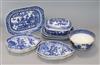 Four Chinese blue and white leaf-shaped plates, three matching rectangular serving dishes and a sauce tureen and cover (faults)        