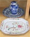 A Chinese famille rose meat platter and four items of blue and white,                                                                  