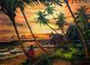Edwin Hingwan (1932-1976) Trinidad; coastal scene at sunset with woman seated beneath a palm tree 21.5 x 29.5in.                       