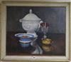 English School, oil on canvas, still life of ornaments on a table top, indistinctly signed, 53 x 64cm                                  