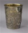 An early 20th century Danish embossed white metal beaker, stamped A. Steffensen, date for 1918, 7 oz.                                  