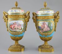 A pair of French Sevres style porcelain and ormolu mounted vases and covers, 19th century, 27cm high                                   