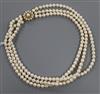 A three-row cultured pearl necklace fitted 9ct gold and pearl clasp, approx. 44cm.                                                     