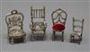 Four miniature white metal chairs including Dutch, largest 62mm.                                                                       