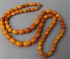 A single strand amber bead necklace, gross weight 81 grams, 98cm.                                                                      