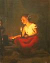 19th century Continental School Candle lit interior with a girl by a fire 9.5 x 7.5in.                                                 