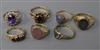 Seven assorted 9ct gold and gem set dress rings.                                                                                       