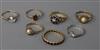 Seven assorted 9ct gold and gem set dress rings.                                                                                       