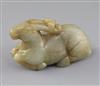 A Chinese pale celadon and russet jade figure of a recumbent stag, 19th century, L.8.7cm                                               