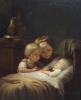 19th century German School, Two children looking at a sleeping baby, oil on canvas, 46.5 x 37.5cm                                                                                                                           