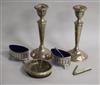 A pair of silver candlesticks (a.f.), pair of silver salts, a silver mounted hardstone dish and a silver fruit knife.                  