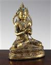 A Nepalese gilt copper alloy 'jewelled' figure of Vajradhara, early Malla period, 15th century, height 20.3cm, later paste and stone ca